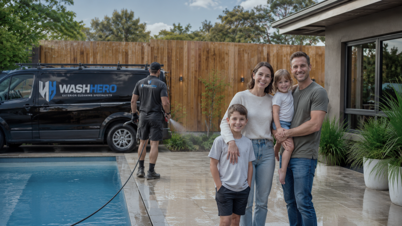 Family enjoying a freshly cleaned outdoor property