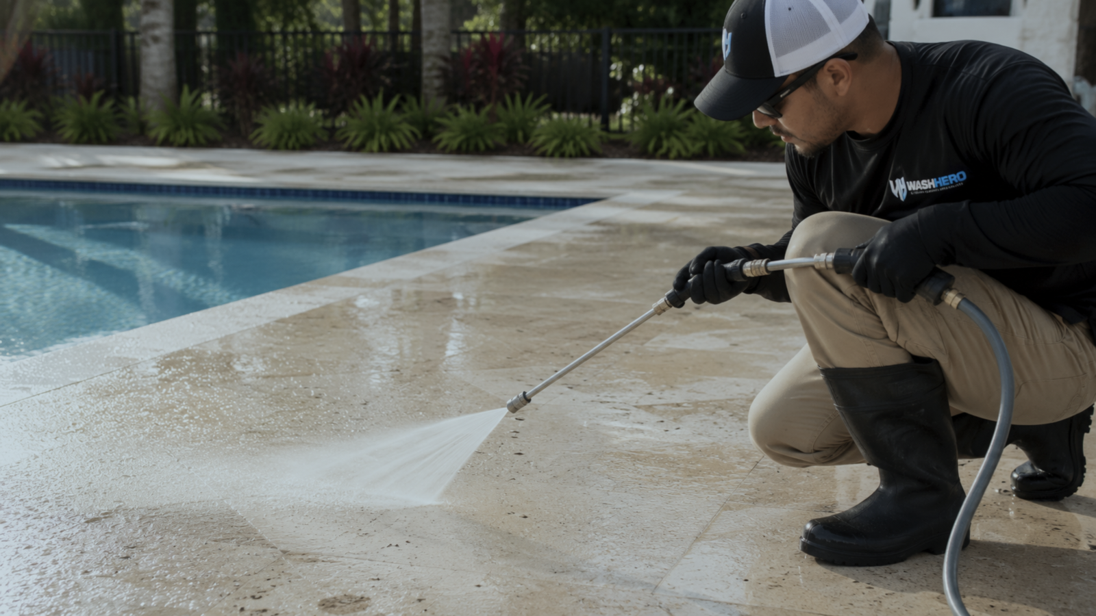 Outdoor pool surround and deck cleaning